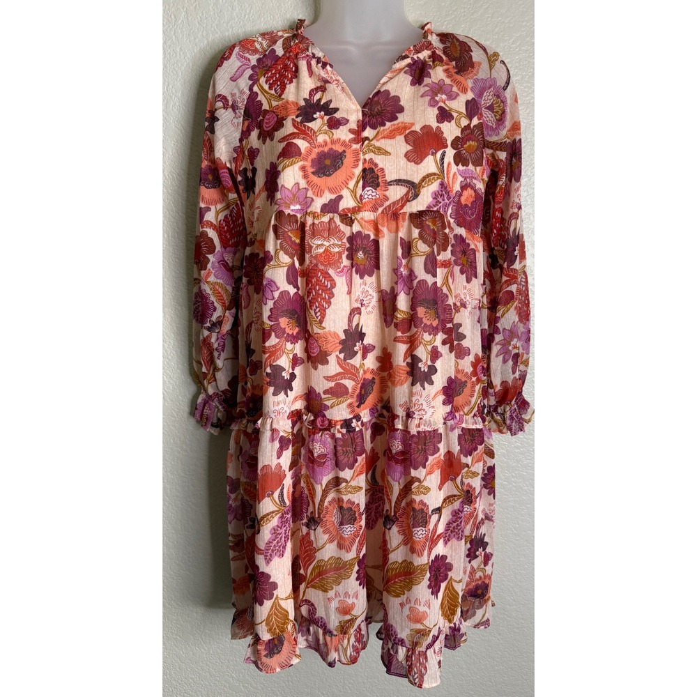 Old Navy Womens XL Dress Autumn Leaves Floral Sheer Tiered Long Sleeve Shimmer